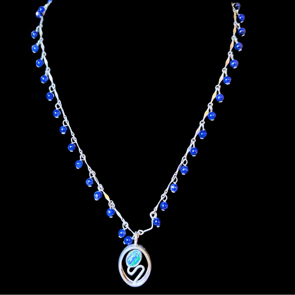 Beaded sterling silver chain with Australian opal inlay pendant